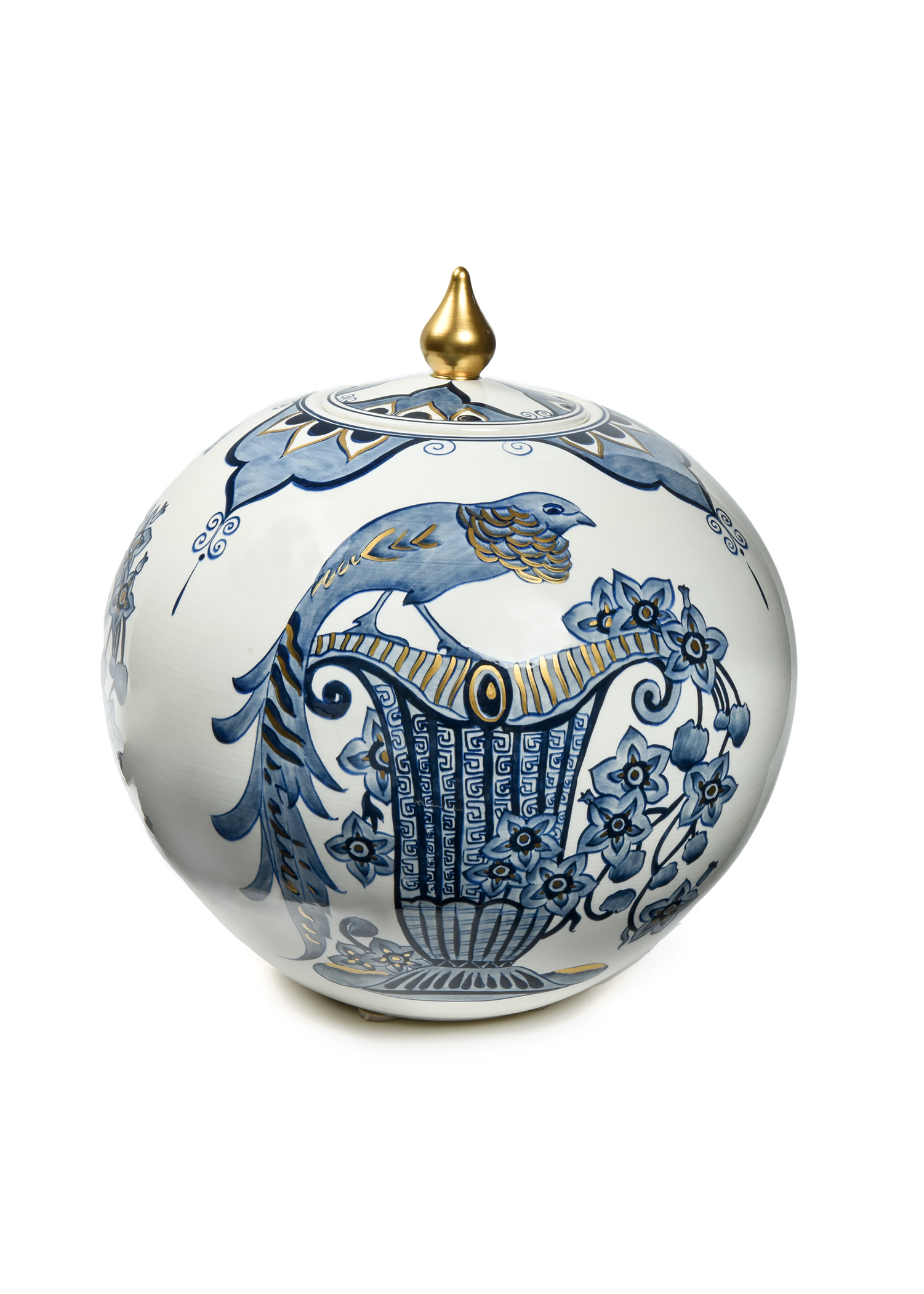 Blue White And Cold Ceramic Spherical Jar With Bird Drawing Large