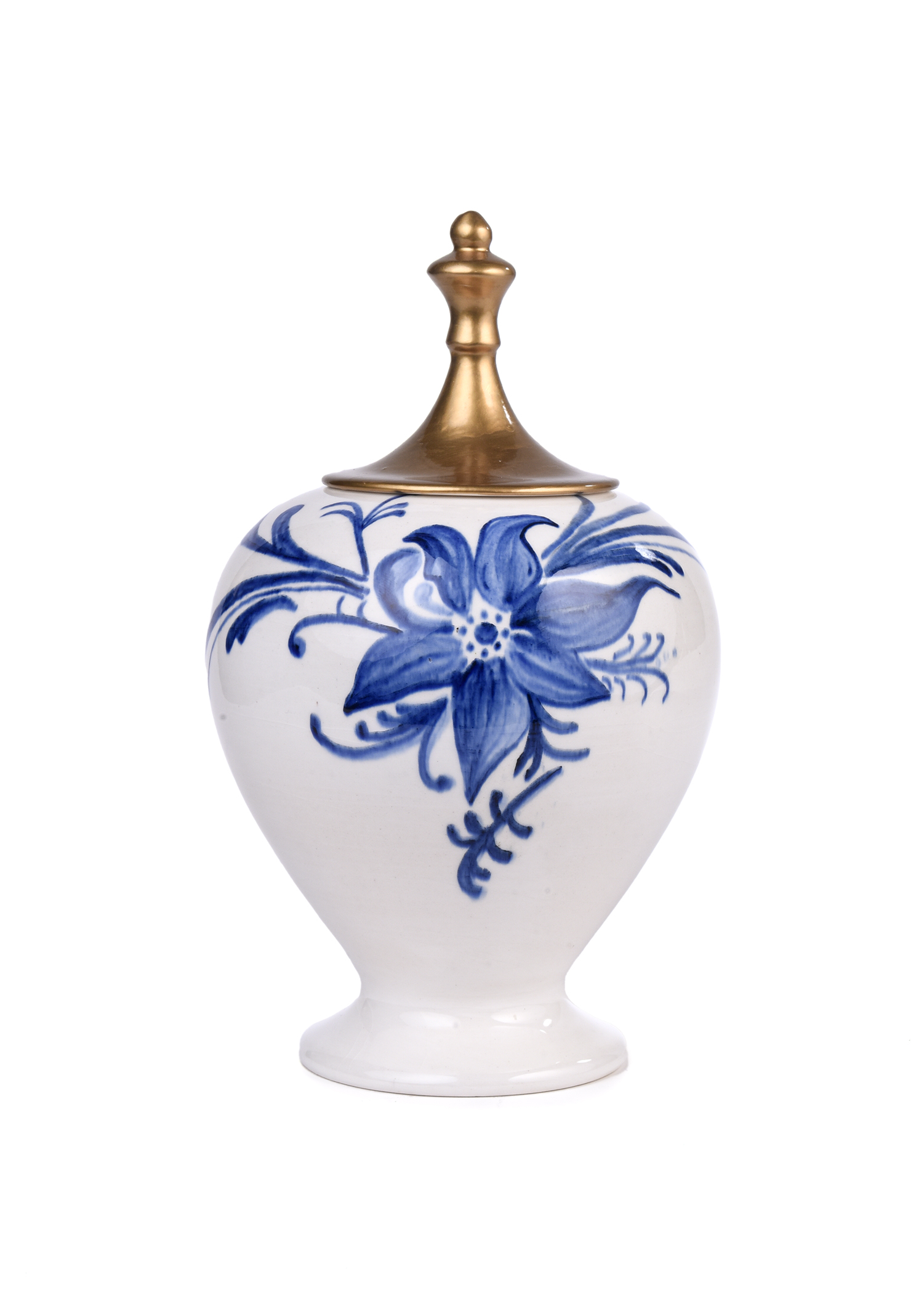 White Ceramic Jar With Blue Flower And Gold Cover