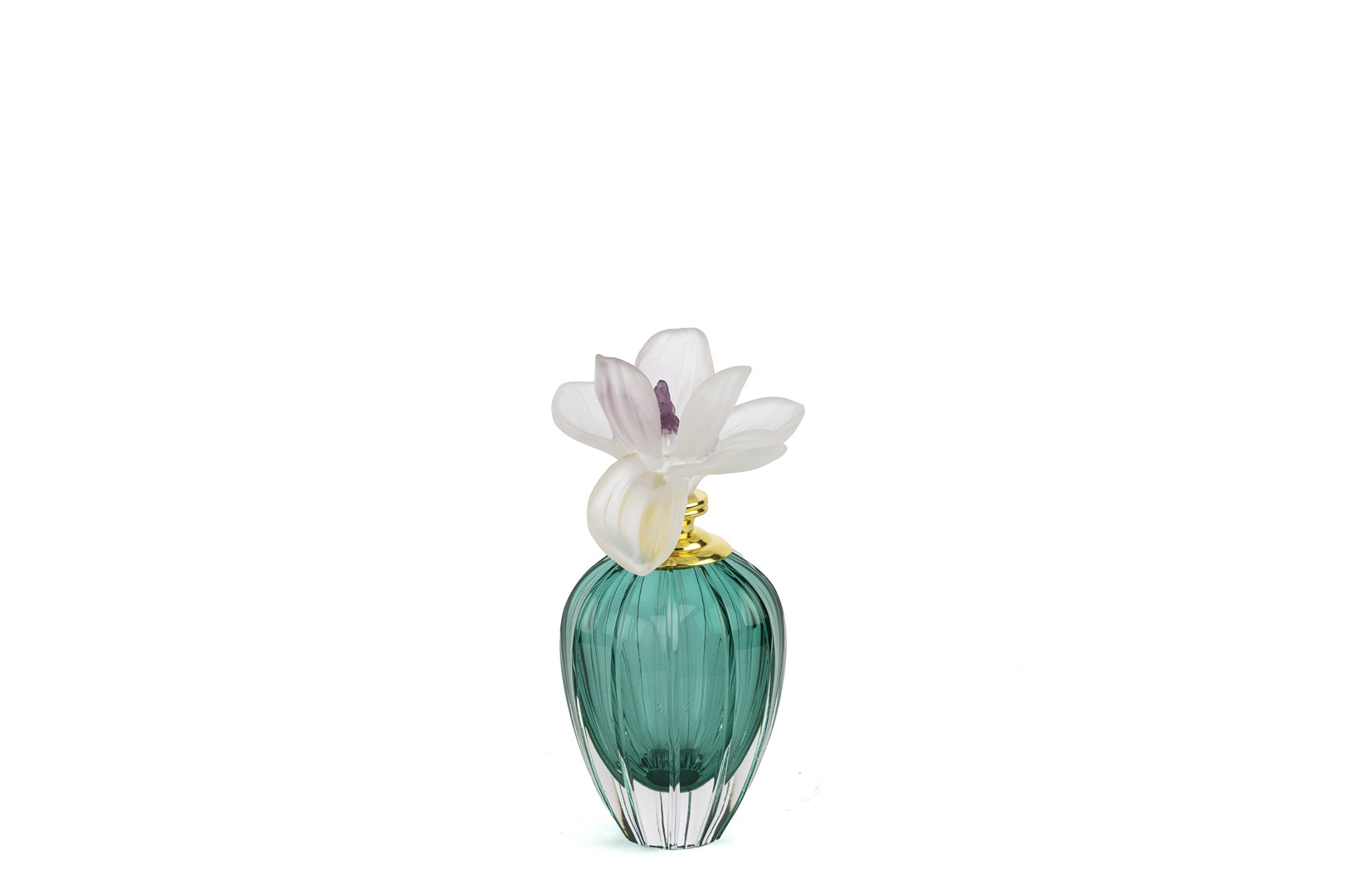 Green Glass Decorative Bottle with Pink Flower Topper