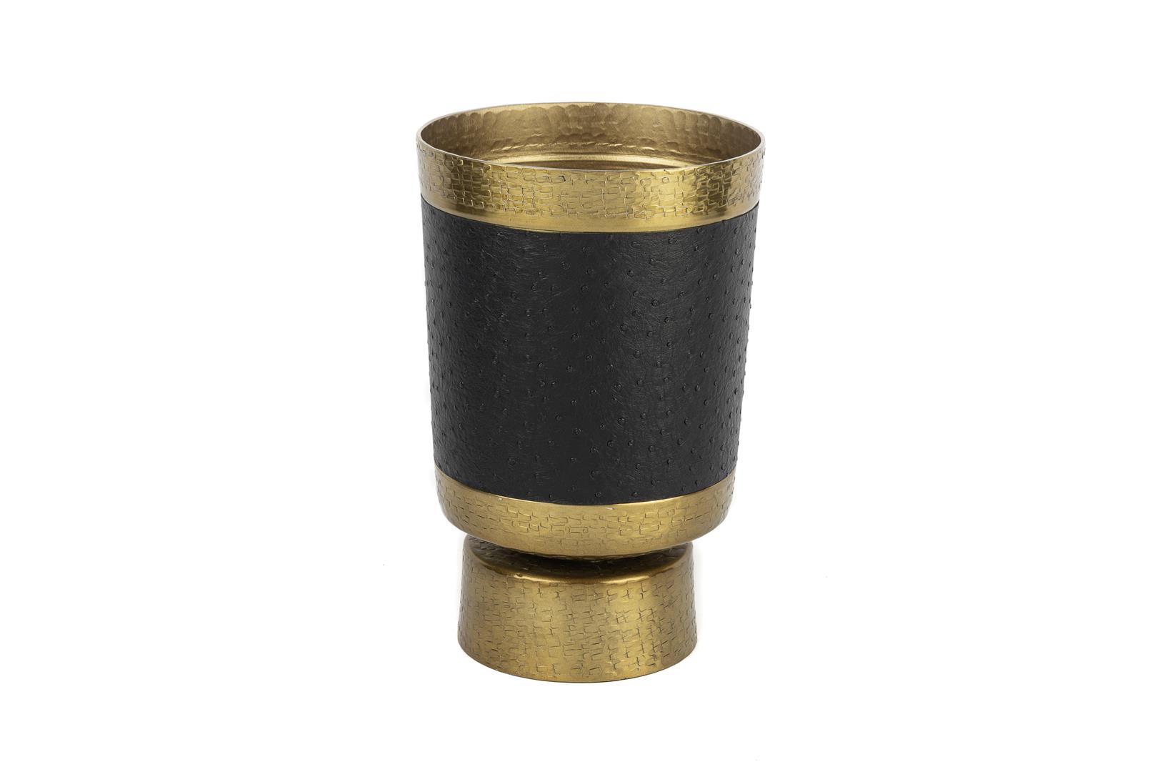Black Leather-Clad Metal Vase with Gold Detail – Medium