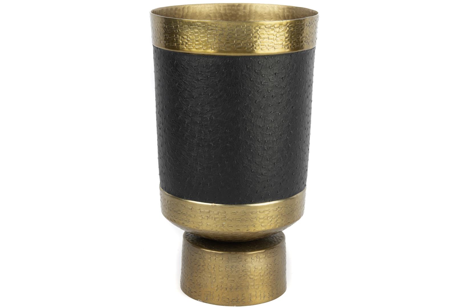 Black Leather-Clad Metal Vase with Gold Detail – Large
